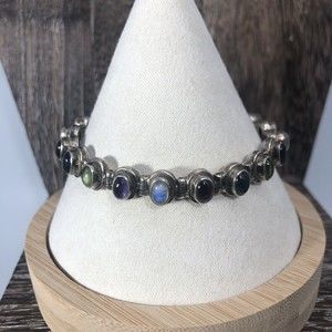 Vintage 925 Sterling Silver Multi Gemstone Tennis Bracelet 7”, 26g